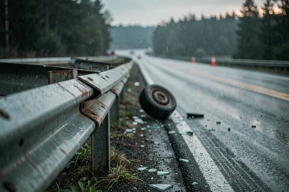 Route mouillée après un accident de la route avec glissières endommagées et traces de freinage sur l'asphalte