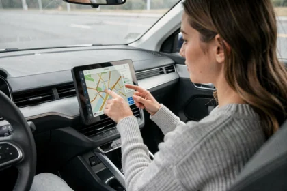 Femme activant le pack navigation connectée Citroën sur l'écran tactile central du véhicule