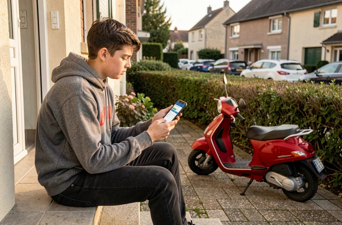 Adolescent consultant un comparateur d'assurance scooter 50cc sur smartphone devant une maison de banlieue