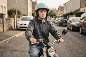 Adolescent de 16 ans portant un casque sur un cyclomoteur 50cc dans une rue résidentielle française, illustrant les conditions de conduite sans BSR