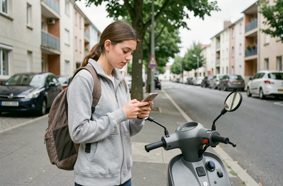 Adolescente consultant son téléphone à côté d'un scooter 50cc dans une rue résidentielle