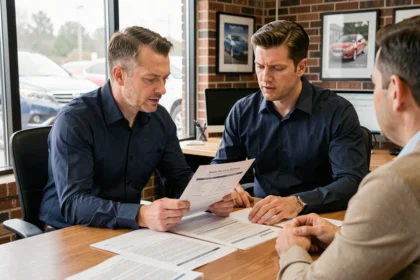 Agent d'assurance et propriétaire de véhicule examinant un contrat d'assurance garage dans un bureau moderne