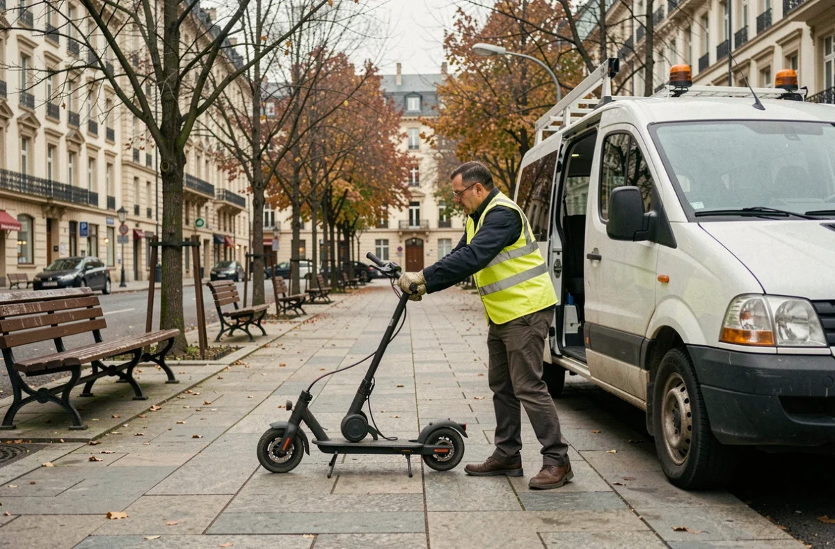 Agent municipal collectant une trottinette électrique abandonnée dans une zone piétonne d'une ville européenne