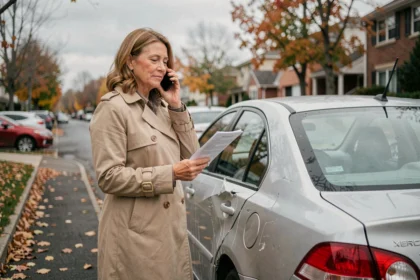 Femme tenant des documents d'assurance après un accident de voiture sans être en tort, debout près de son véhicule endommagé