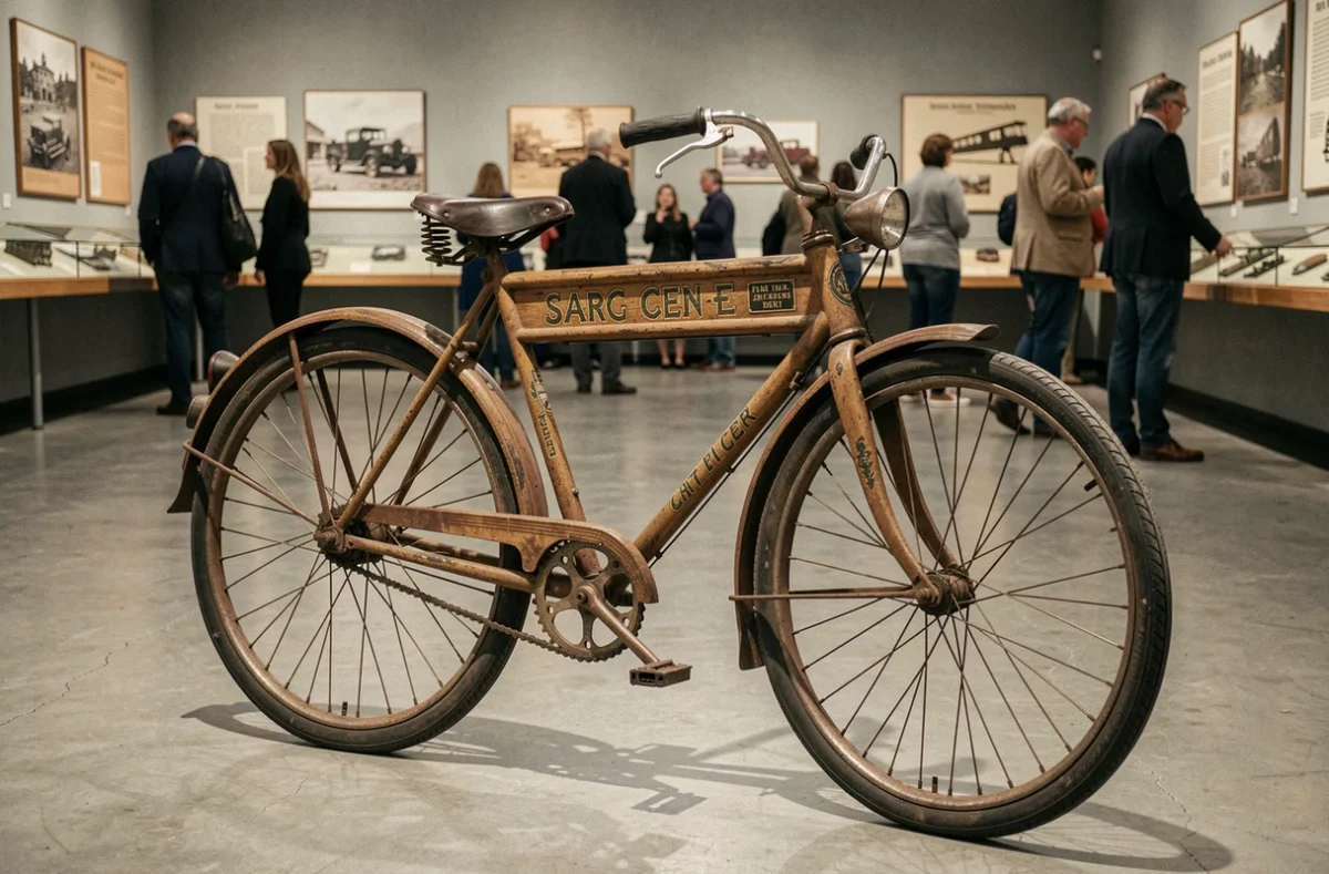 Bicyclette motorisée du début du XXe siècle exposée dans un musée avec lettrage d'origine illustrant l'histoire du mot moto