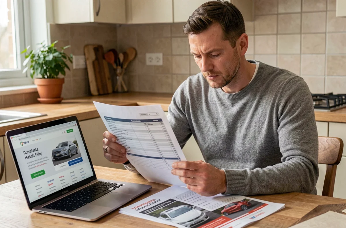 Homme consultant un budget et une brochure automobile à la maison pour trouver une voiture à moins de 100 euros par mois, avec un ordinateur portable affichant des comparatifs de voitures.