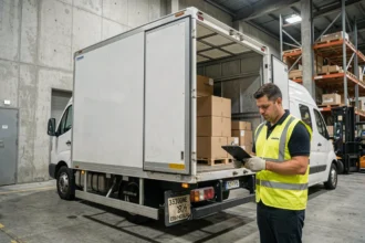 Camion de 3,5 tonnes avec portes arrière ouvertes et chargement de palettes dans un entrepôt logistique urbain