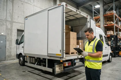 Camion de 3,5 tonnes avec portes arrière ouvertes et chargement de palettes dans un entrepôt logistique urbain