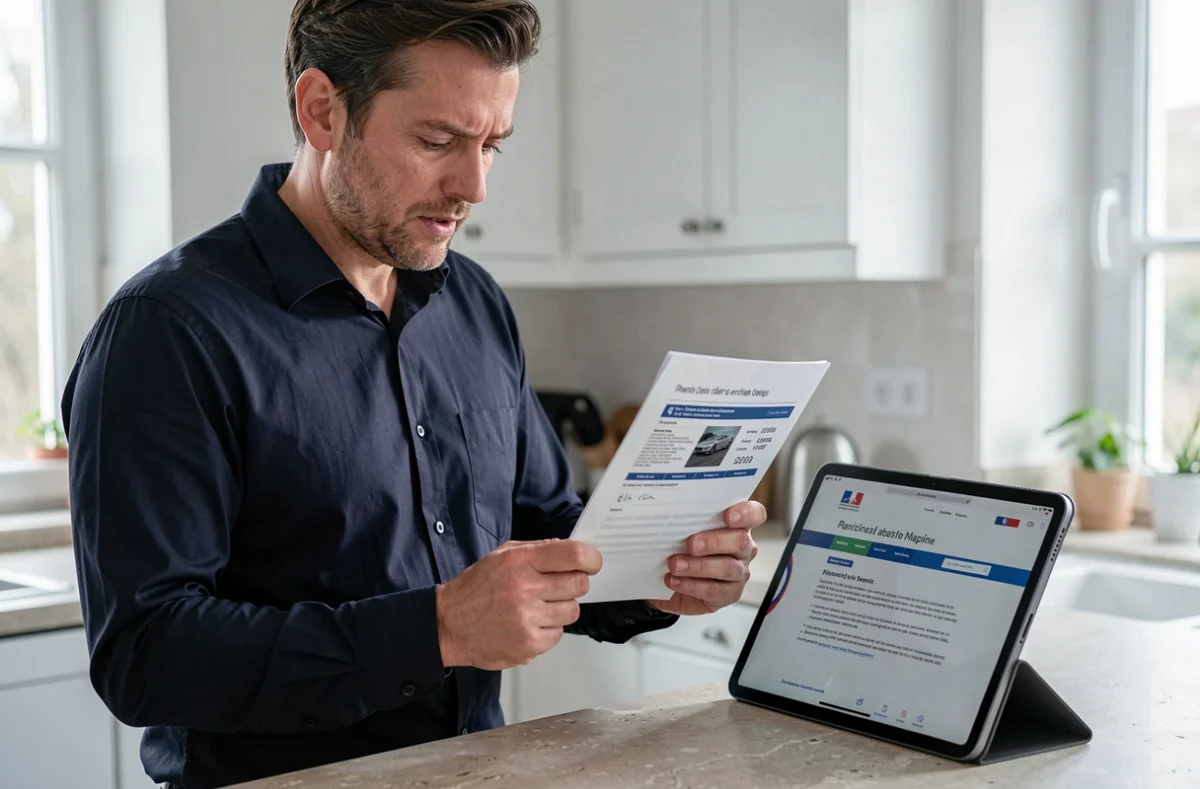 Homme consultant les étapes de la demande de carte grise sur une tablette avec les documents du véhicule en main