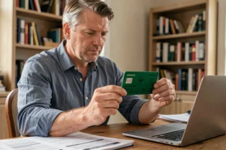 Homme tenant une carte verte d'assurance automobile en examinant sa validité à son bureau