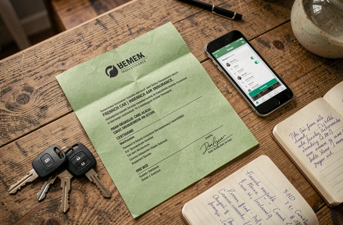 Vue de dessus d'une carte verte d'assurance automobile posée sur une table avec des clés de voiture et un smartphone
