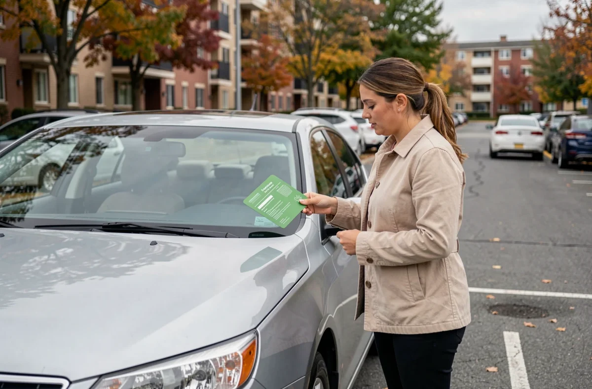 Femme vérifiant une carte verte d'assurance glissée sous l'essuie-glace d'une voiture dans un parking urbain
