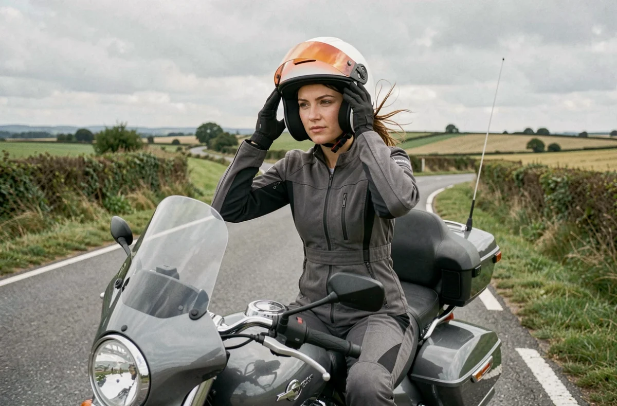 Motarde retirant son casque blanc et orange sur une route de campagne, mettant en avant les couleurs visibles pour la sécurité moto