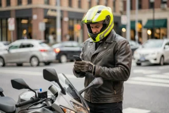 Motard portant un casque jaune fluo haute visibilité dans un environnement urbain, illustrant la sécurité routière à moto
