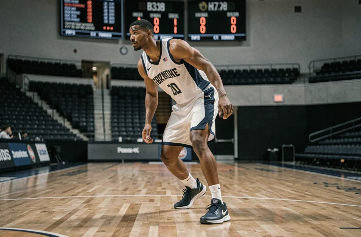 Joueur de basketball grand et athlétique en mouvement illustrant l'impact d'un centre de gravité élevé sur l'équilibre sportif