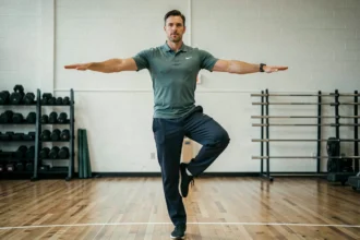 Professeur de sport démontrant l'équilibre sur une jambe pour illustrer le concept de centre de gravité élevé