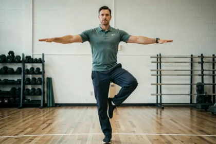 Professeur de sport démontrant l'équilibre sur une jambe pour illustrer le concept de centre de gravité élevé