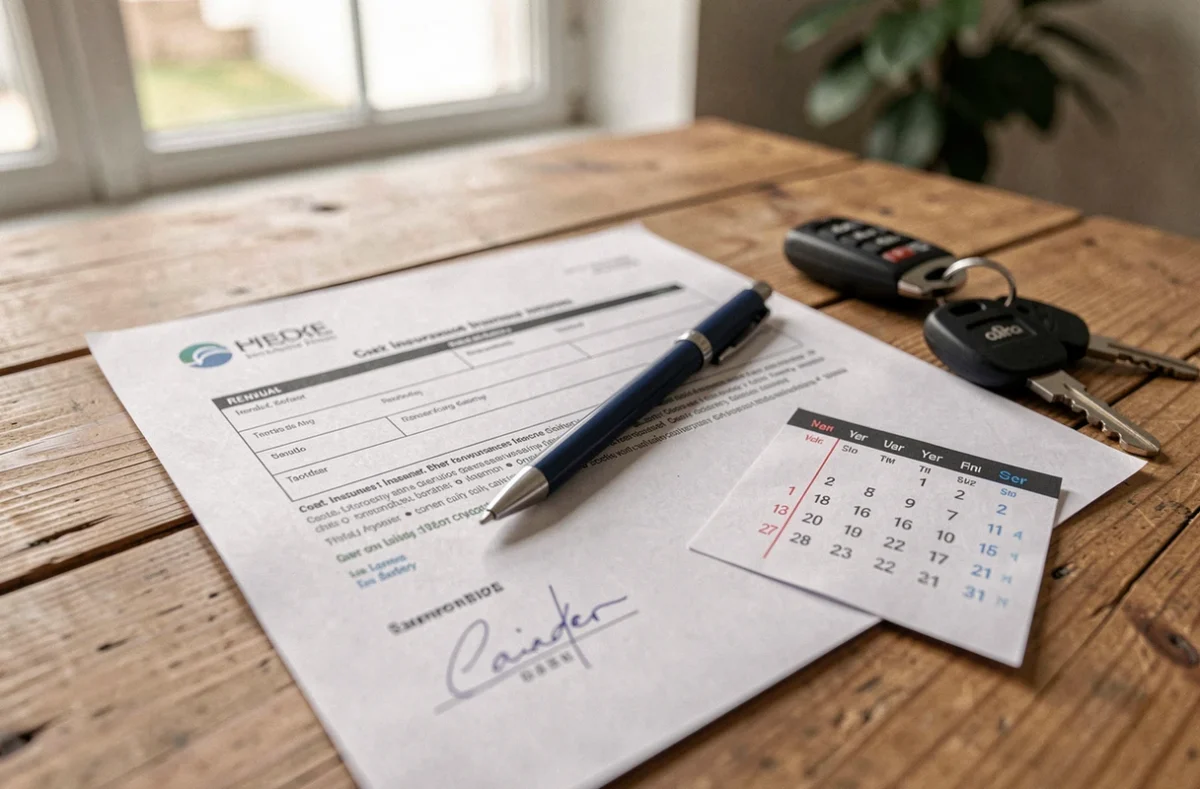 Gros plan sur un certificat de renouvellement d'assurance auto avec des clés de voiture et un stylo sur une table en bois, symbolisant 6 ans de bonus