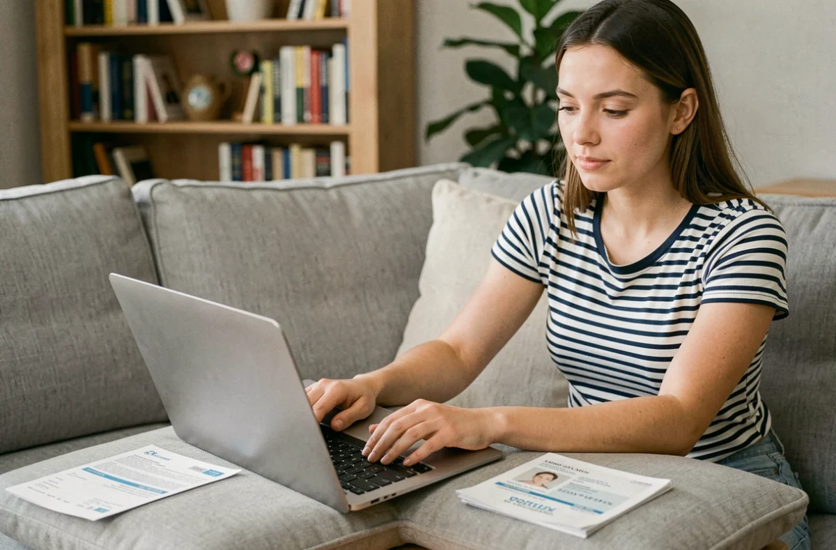 Jeune femme effectuant le changement d'adresse de son permis de conduire en ligne sur un ordinateur portable depuis son salon