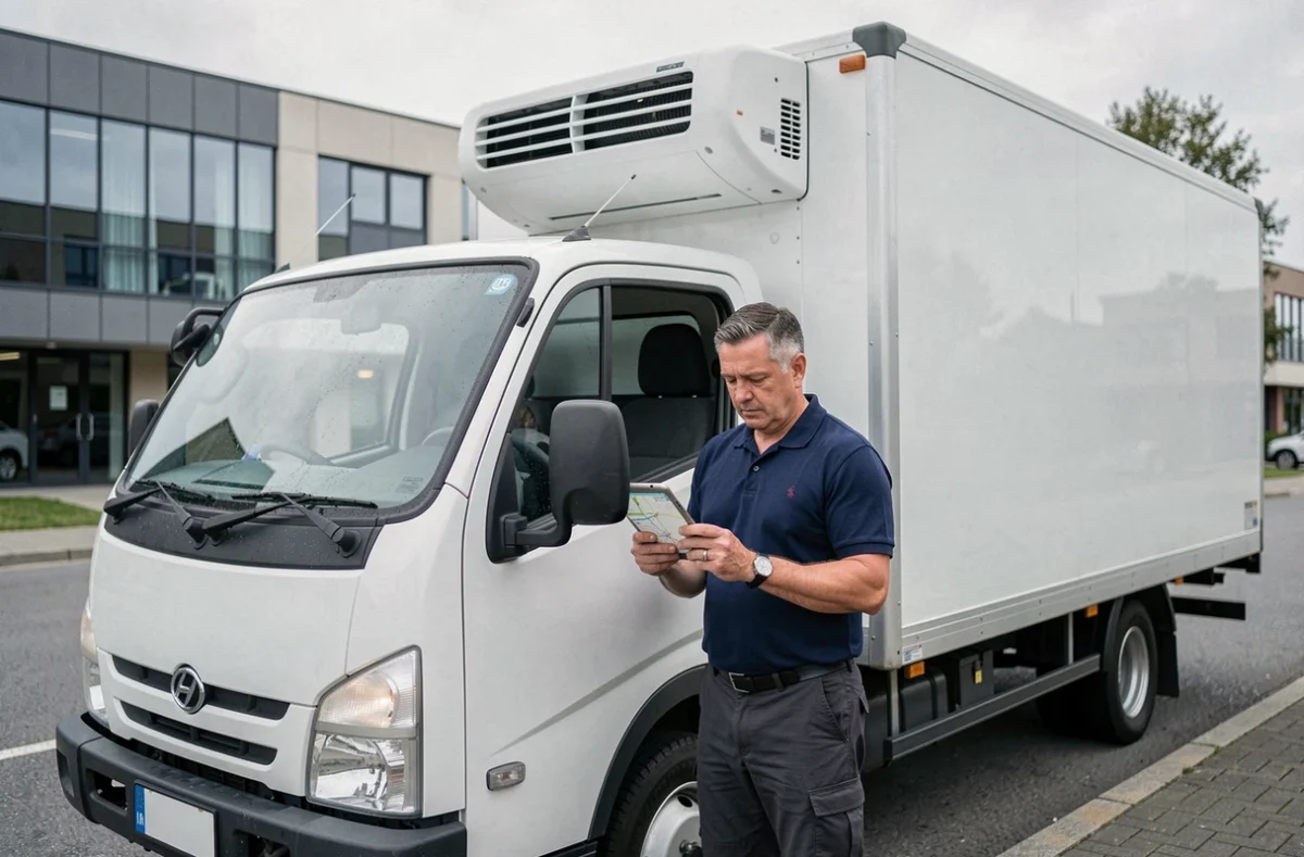 Chauffeur de camion 3,5 tonnes frigorifique consultant une tablette à côté de son véhicule en zone commerciale