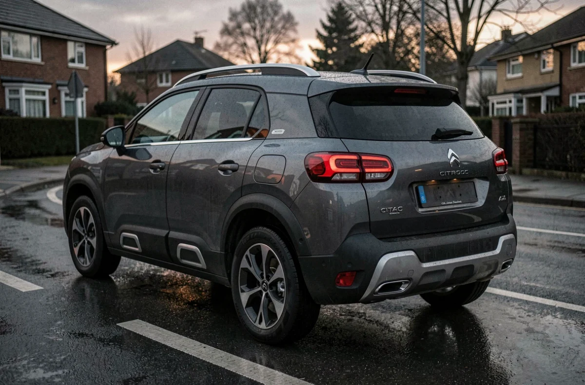 Citroën C5 Aircross avec pack Safety sur route mouillée, vue arrière trois quarts montrant les capteurs de sécurité