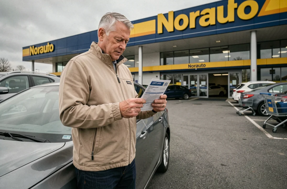 Client devant un centre Norauto examinant sa carte grise après une démarche administrative au garage