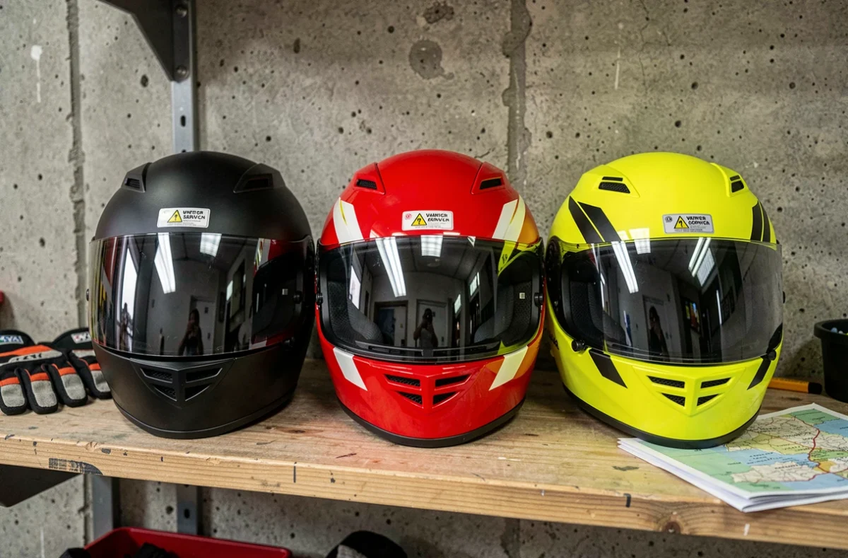 Trois casques de moto côte à côte en noir mat, rouge et jaune fluo sur une étagère d'atelier, comparaison des couleurs pour la sécurité