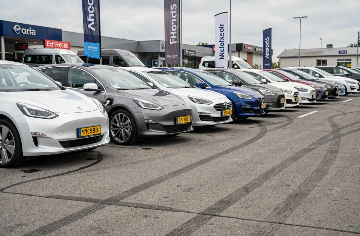 Rangée de voitures électriques de différentes marques exposées dans un parking de concession automobile