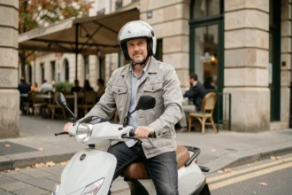Homme adulte avec permis B assis sur un scooter 50cc en ville, portant un casque blanc et une veste grise