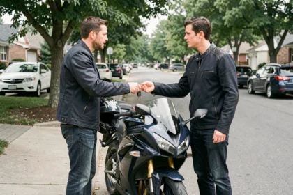 Deux amis échangeant les clés d'une moto dans une rue résidentielle, illustrant la question du prêt de moto entre particuliers
