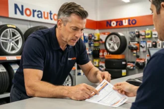 Conseiller Norauto en uniforme expliquant un document de carte grise à un client au comptoir du centre auto