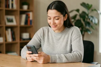 Femme consultant son smartphone pour contacter un propriétaire via l'application Getaround