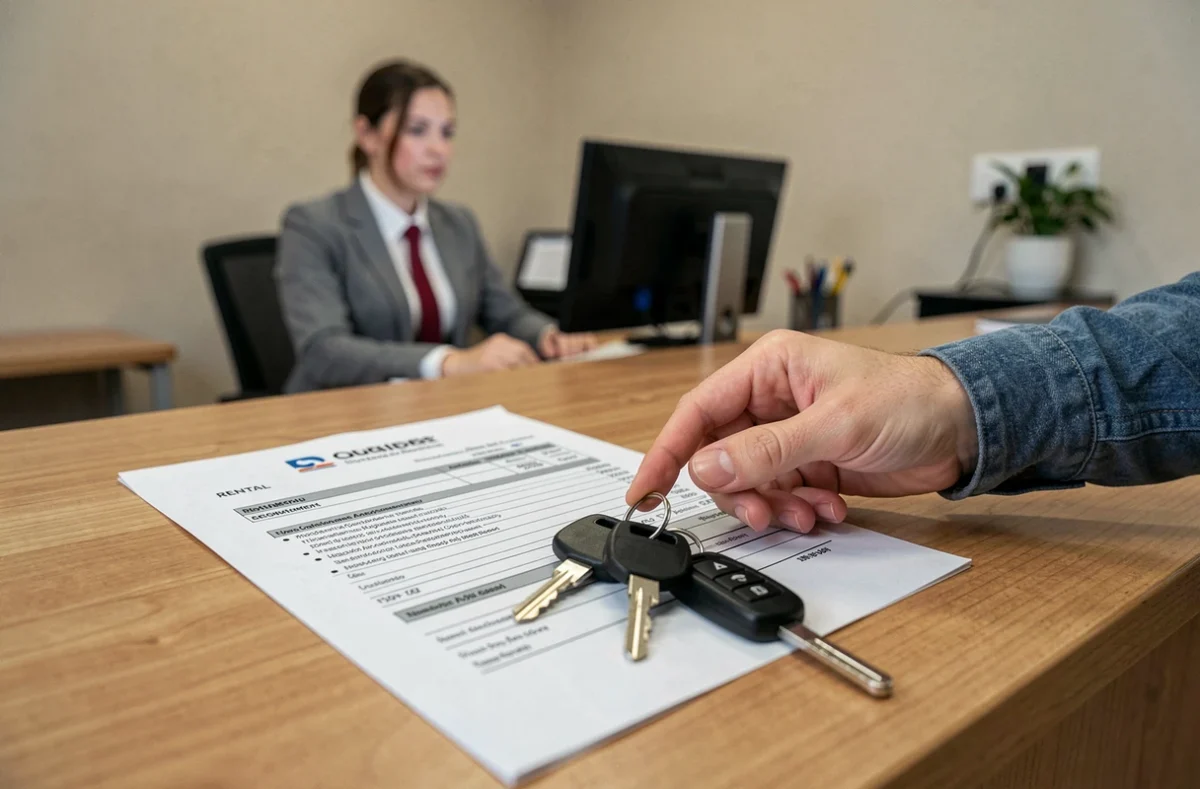 Contrat de location de véhicule utilitaire avec clés sur un comptoir d'agence, détail du prix