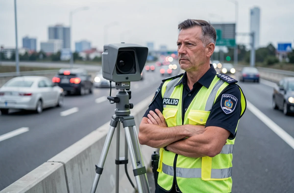 Policier de la route contrôlant la vitesse sur autoroute avec un radar, illustrant les causes de mortalité routière