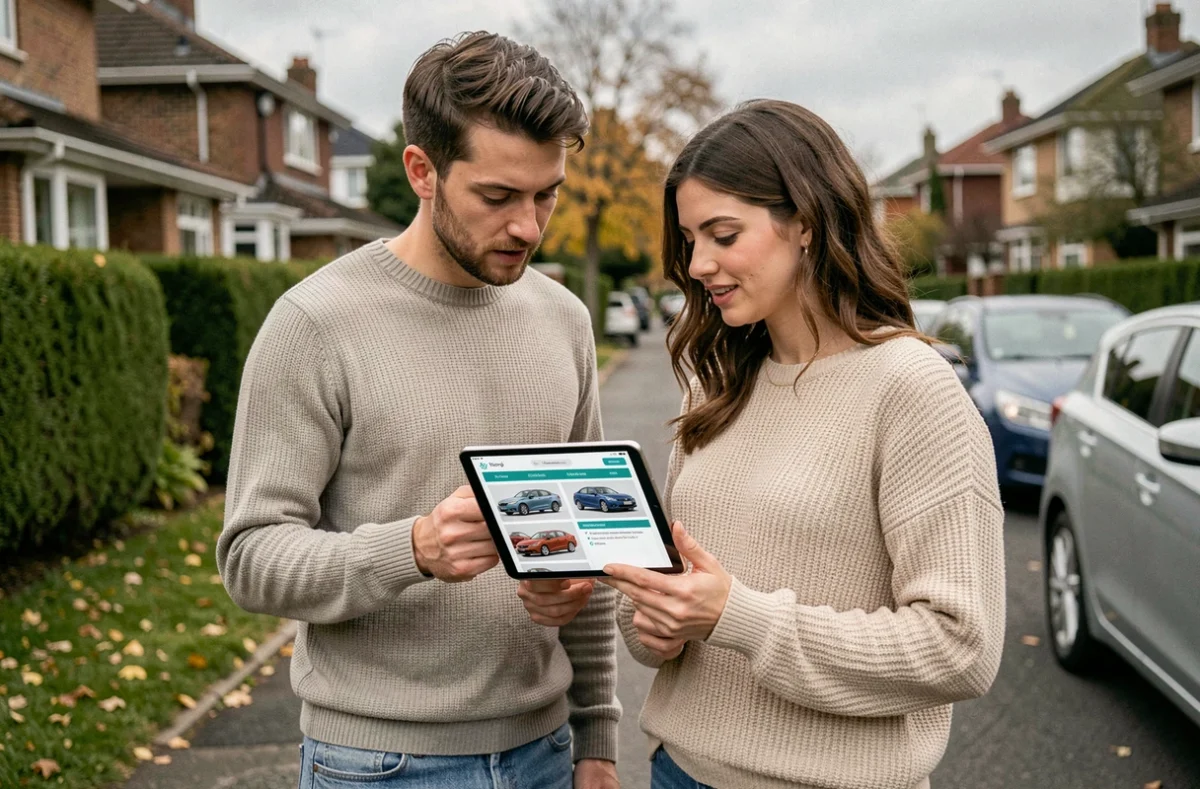 Couple comparant les offres de LOA sur une tablette devant leur maison en banlieue