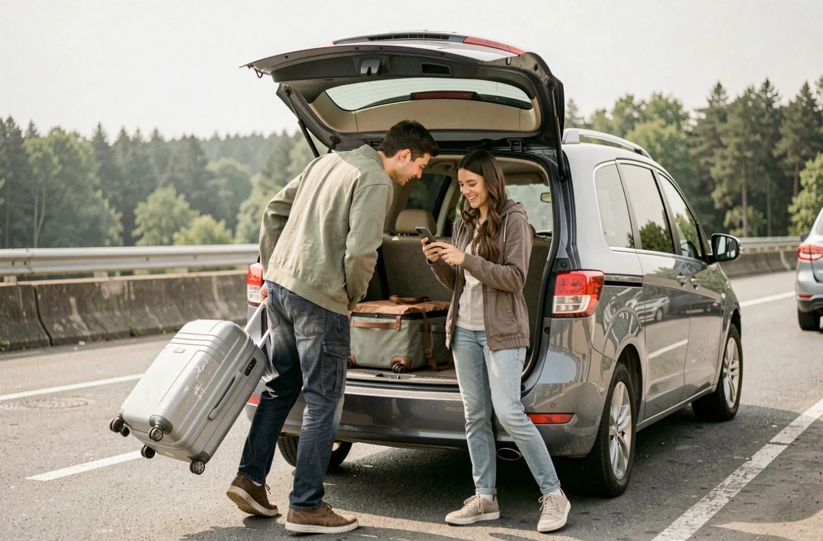 Couple chargeant des bagages dans un monospace familial autorisé avec le permis B lors d'un road trip