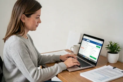 Femme effectuant une demande de carte grise en ligne sur le site ANTS depuis son bureau à domicile