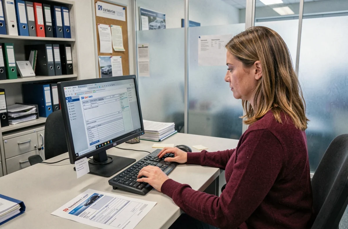 Femme complétant une demande de carte grise sur ordinateur dans le bureau administratif d'un centre auto