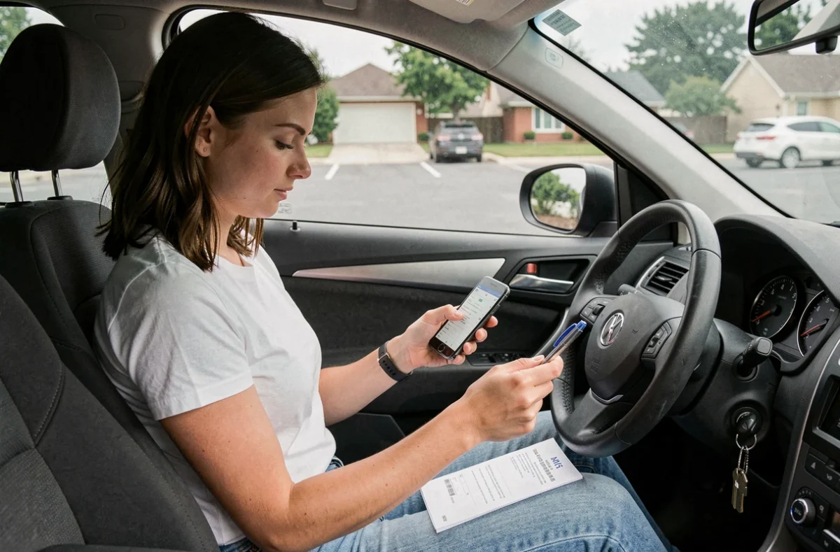 Jeune femme réalisant sa demande de carte grise sur ANTS depuis son smartphone dans sa voiture