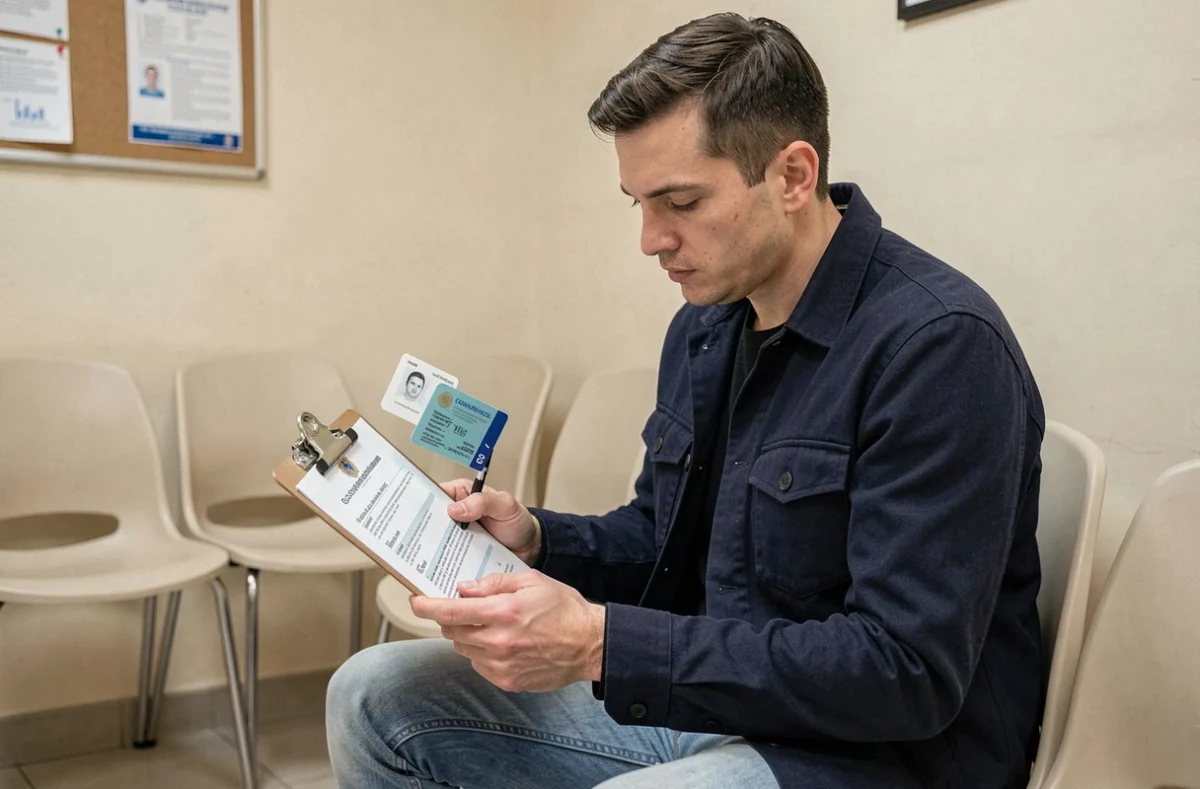 Homme consultant ses documents administratifs dans la salle d'attente d'un centre d'examen médical pour permis de conduire