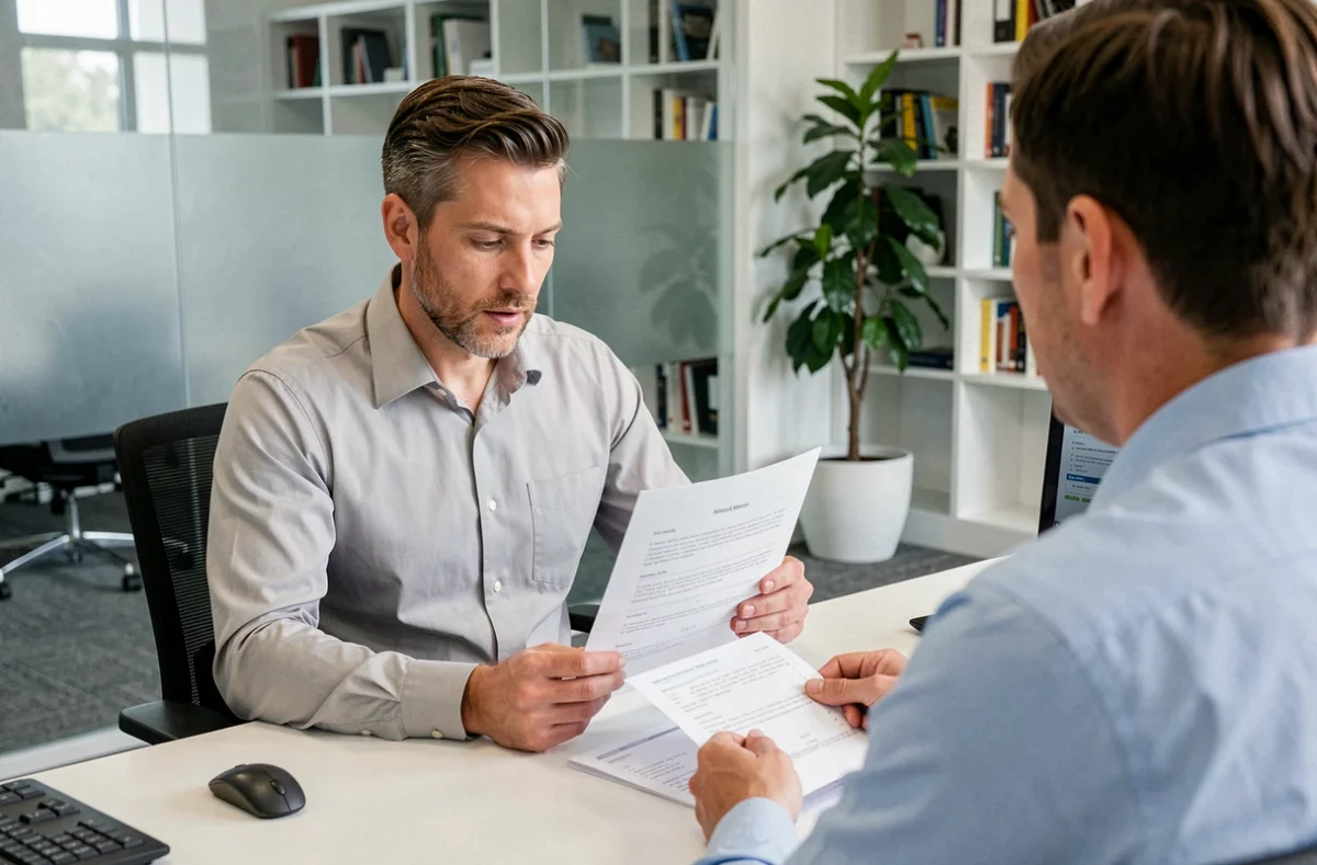 Homme discutant de son dossier d'assurance avec un agent dans un bureau après un sinistre dont il n'est pas responsable