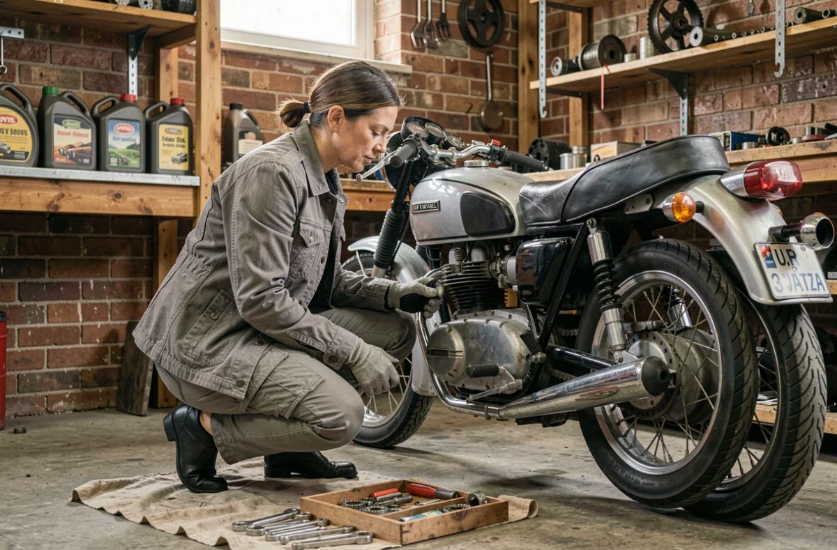 Femme mécanicienne inspectant le moteur d'une moto italienne de collection dans un atelier artisanal avec outils vintage