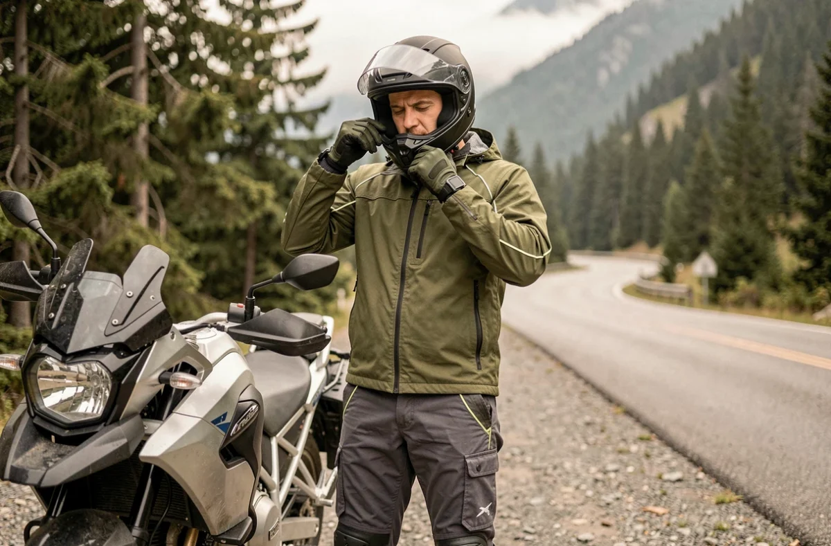 Homme attachant son casque intégral sur une route de montagne, équipé d'une veste textile de touring et d'un pantalon de protection moto