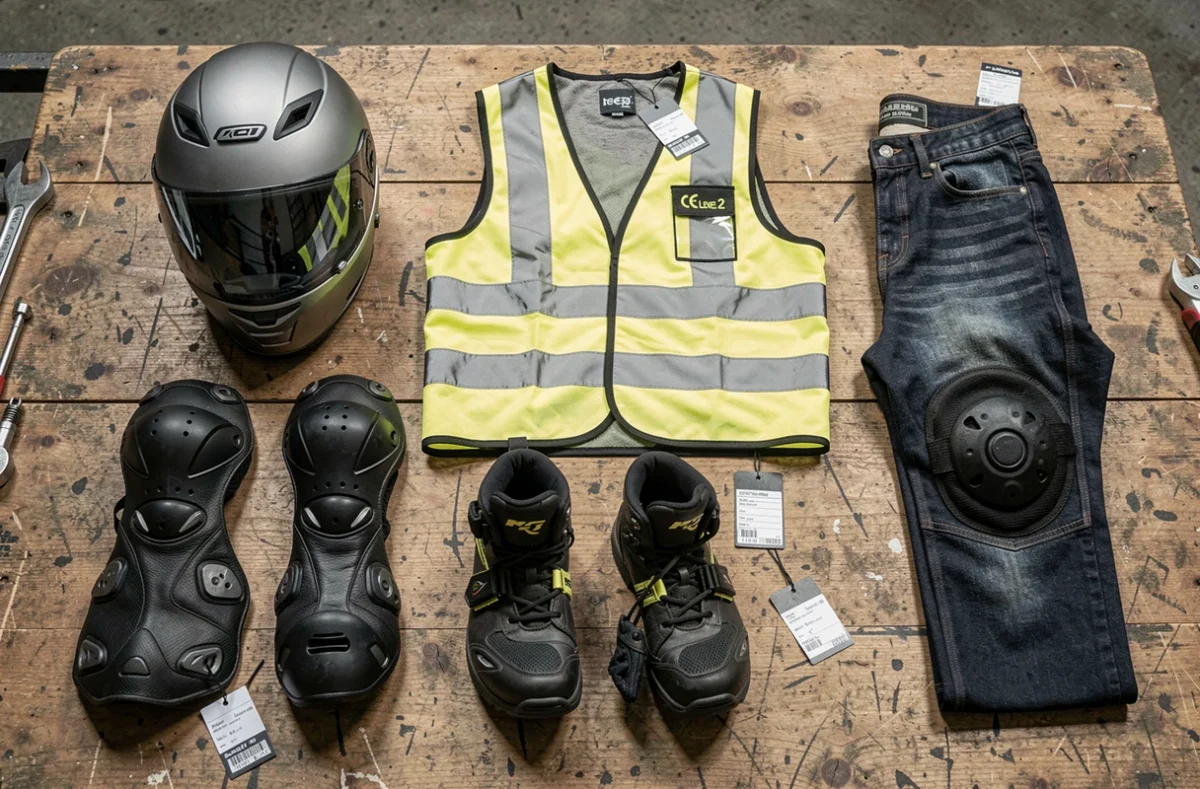 Vue de dessus d'un ensemble complet d'équipements de sécurité moto — casque, gants, protections, bottes et veste — disposés sur un établi en bois