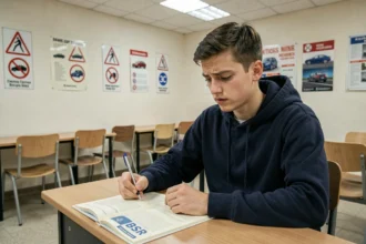 Jeune homme étudiant le code BSR dans une salle de cours d'auto-école, air concentré et stylo en main