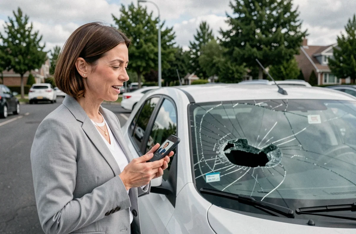 Femme contactant son assurance depuis son smartphone pour déclarer un pare-brise cassé sans payer la franchise