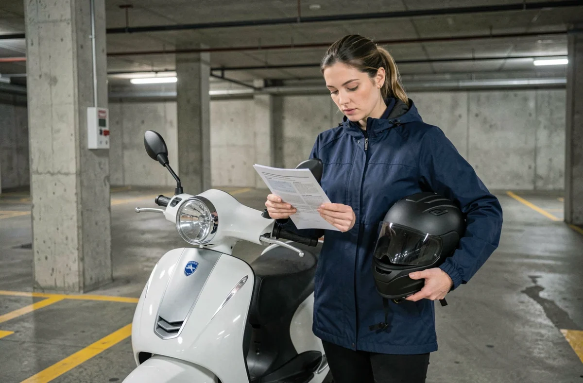 Femme tenant des papiers d'assurance à côté d'un scooter 50cc blanc dans un parking