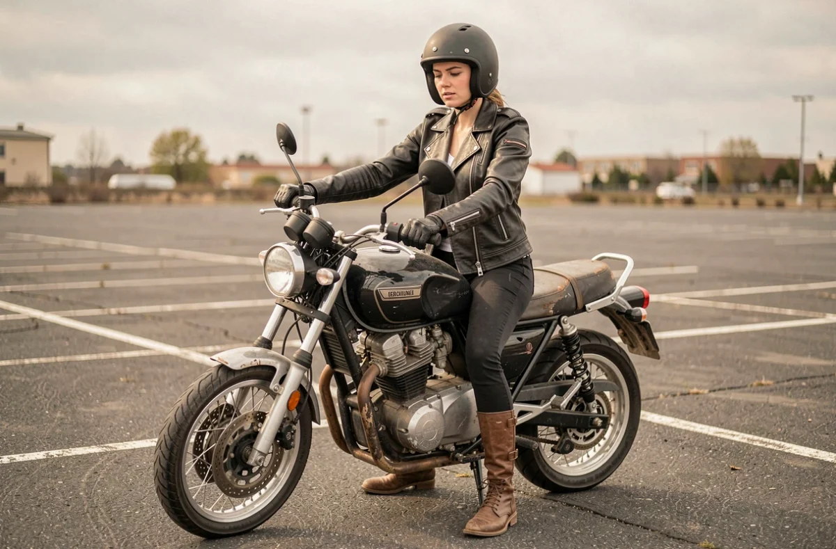 Femme assise sur la moto d'un ami dans un parking, vérifiant les commandes avant de conduire, représentant la responsabilité du conducteur occasionnel