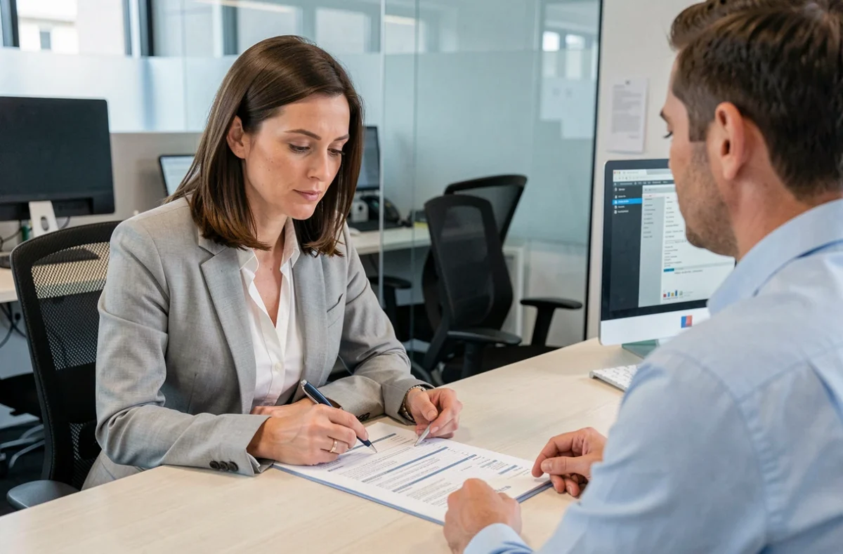 Femme discutant de son bonus d'assurance avec un conseiller dans une agence professionnelle, examinant un document de contrat