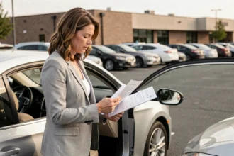 Femme consultant son contrat d'assurance auto devant une voiture garée, illustrant le choix entre assurance tiers et tous risques